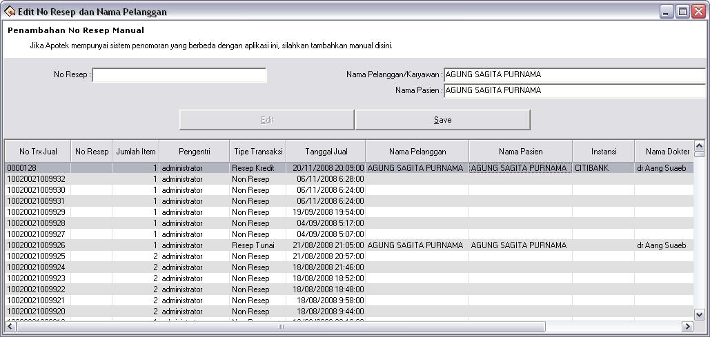 Layar Edit Manual Nomor Resep Software Apotek AKUA
